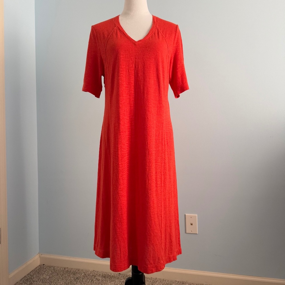 Eileen Fisher Organic Cotton Hemp Twist Geranium V Neck Dress Size M‎